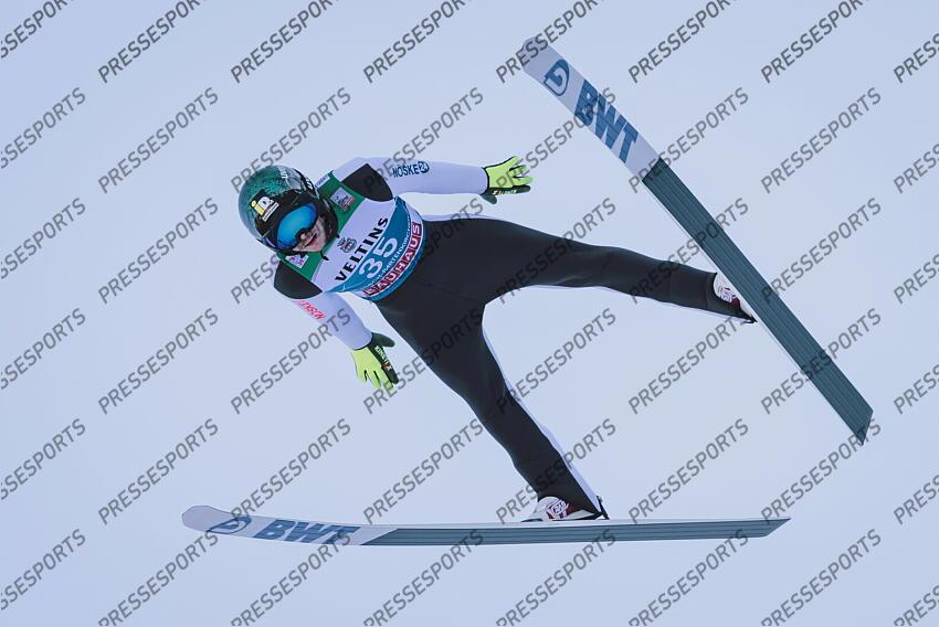 31.12.2021, Olympiaschanze, Garmisch Partenkirchen, GER, FIS Weltcup Skisprung, Vierschanzentournee, Garmisch Partenkirchen, Qualifikation, im Bild Mikhail Nazarov (RUS) // Mikhail Nazarov of Russian Federation during his Qualification Jump for the Four Hills Tournament of FIS Ski Jumping World Cup at the Olympiaschanze in Garmisch Partenkirchen, Germany on 2021/12/31. EXPA Pictures 