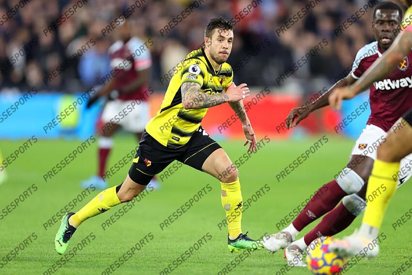 8 February 2022, London - Premier League Football - West Ham United v Watford - Kiko Femenia of Watford - Photo: Charlotte Wilson / Offside. WEST HAM UNITED-WATFORD (1-0) 