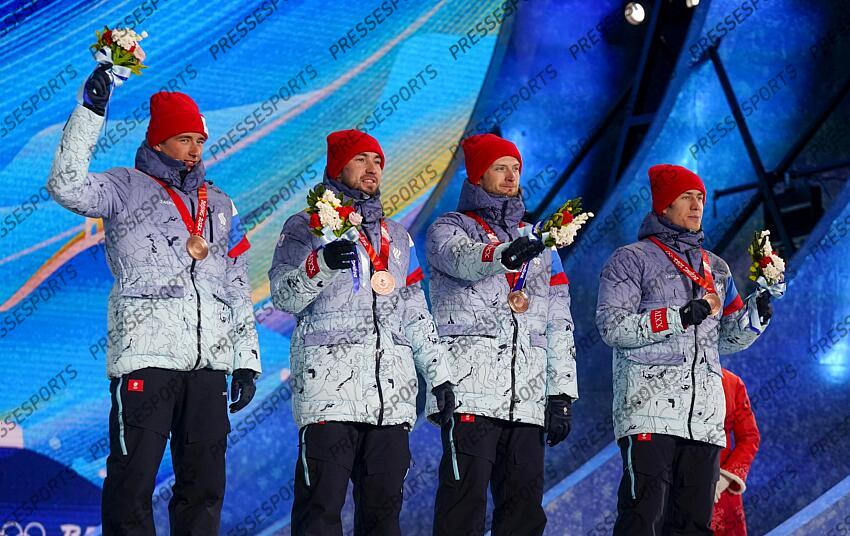 BEIJING, CHINA - FEBRUARY 15 : Russia Team of Team Russia wins the bronze medal during the Olympic Games 2022, Men's Biathlon Relay on February 15, 2022 in Zhangjiakou China. (Photo by Michel Cottin/Agence Zoom) REMISE MEDAILLES - RELAIS 4X7.5 KM HOMMES 
