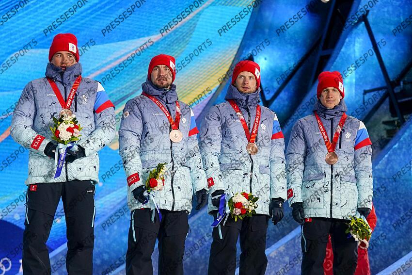 BEIJING, CHINA - FEBRUARY 15 : Russia Team of Team Russia wins the bronze medal during the Olympic Games 2022, Men's Biathlon Relay on February 15, 2022 in Zhangjiakou China. (Photo by Michel Cottin/Agence Zoom) REMISE MEDAILLES - RELAIS 4X7.5 KM HOMMES 