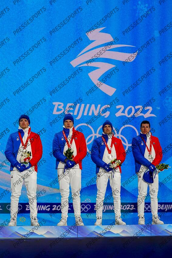 BEIJING, CHINA - FEBRUARY 15 : Fabien Claude of Team France, Emilien Jacquelin of Team France, Simon Desthieux of Team France, Quentin Fillon Maillet of Team France wins the silver medal during the Olympic Games 2022, Men's Biathlon Relay on February 15, 2022 in Zhangjiakou China. (Photo by Michel Cottin/Agence Zoom) REMISE MEDAILLES - RELAIS 4X7.5 KM HOMMES 