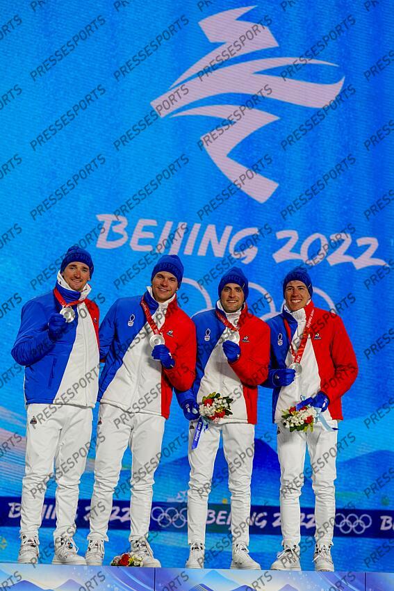 BEIJING, CHINA - FEBRUARY 15 : Fabien Claude of Team France, Emilien Jacquelin of Team France, Simon Desthieux of Team France, Quentin Fillon Maillet of Team France wins the silver medal during the Olympic Games 2022, Men's Biathlon Relay on February 15, 2022 in Zhangjiakou China. (Photo by Michel Cottin/Agence Zoom) REMISE MEDAILLES - RELAIS 4X7.5 KM HOMMES 