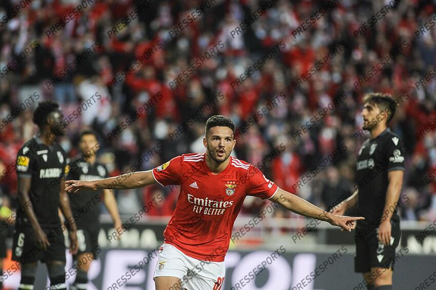Gonçalo Ramos, joueur de Benfica, célèbre un but contre Vitória de Guimarães lors du match de football portugais I Liga qui s'est tenu à Estádio da Luz, Lisbonne, Portugal, le 27 février 2022. CARLOS BARROSO /PRESSESPORTS BENFICA-VITORIA GUIMARAES (3-0) 