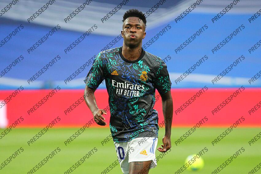 Vinicius Junior of Real Madrid warms up during the spanish league, La Liga Santander, football match played between Real Madrid and Real Betis Balompie at Santiago Bernabeu stadium on May 20, 2022, in Madrid Spain. REAL MADRID-BETIS SEVILLE (0-0) 