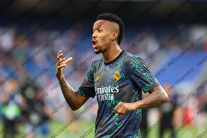 Eder Militao of Real Madrid gestures during the spanish league, La Liga Santander, football match played between Real Madrid and Real Betis Balompie at Santiago Bernabeu stadium on May 20, 2022, in Madrid Spain. REAL MADRID-BETIS SEVILLE (0-0) 