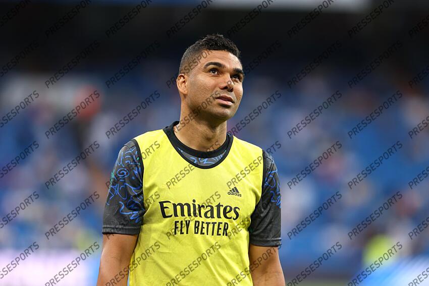 Carlos Henrique Casemiro of Real Madrid warms up during the spanish league, La Liga Santander, football match played between Real Madrid and Real Betis Balompie at Santiago Bernabeu stadium on May 20, 2022, in Madrid Spain. REAL MADRID-BETIS SEVILLE (0-0) 