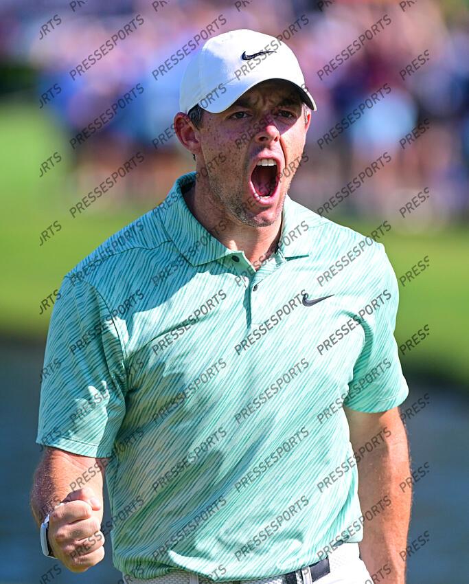 Aug 28, 2022; Atlanta, Georgia, USA; Rory McIlroy reacts after making a birdie putt on the 15th hole during the final round of the TOUR Championship golf tournament. Mandatory Credit: Adam Hagy-USA TODAY Sports FINALE FEDEX CUP 
