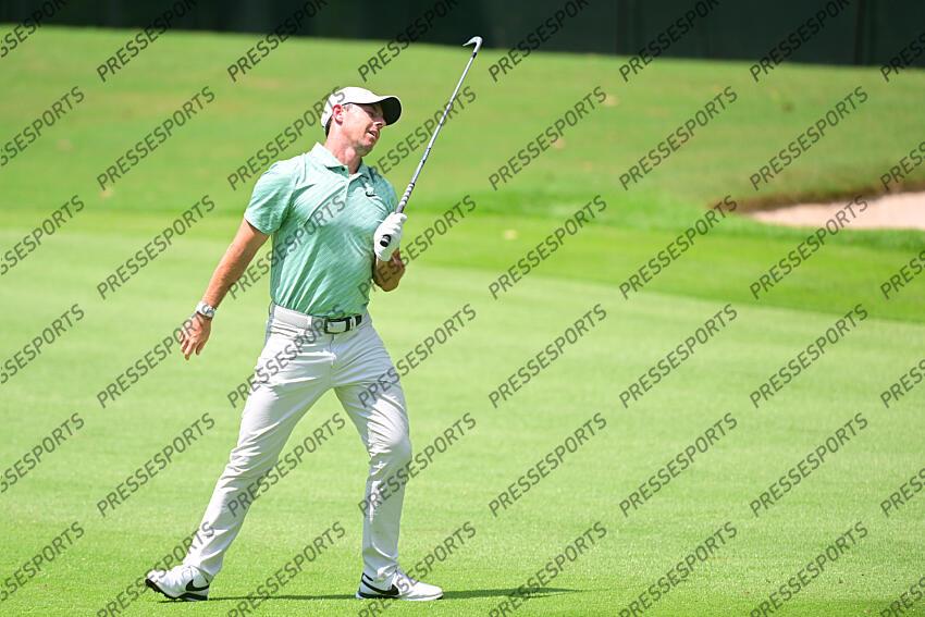 Aug 28, 2022; Atlanta, Georgia, USA; Rory McIlroy reacts to a shot on the 1st fairway during the final round of the TOUR Championship golf tournament. Mandatory Credit: Adam Hagy-USA TODAY Sports FINALE FEDEX CUP 
