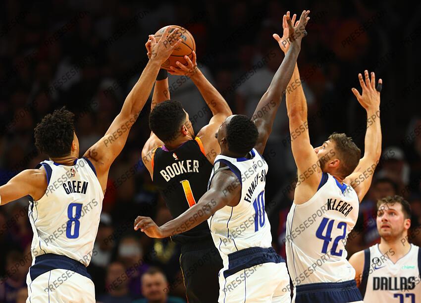 Oct 19, 2022; Phoenix, Arizona, USA; Phoenix Suns guard Devin Booker (1) shoots the ball against the Dallas Mavericks in the second half at Footprint Center. Mandatory Credit: Mark J. Rebilas-USA TODAY Sports NBA: Dallas Mavericks at Phoenix Suns 