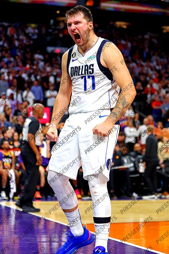 Oct 19, 2022; Phoenix, Arizona, USA; Dallas Mavericks guard Luka Doncic (77) reacts after a play during the fourth quarter against the Phoenix Suns at Footprint Center. Mandatory Credit: Mark J. Rebilas-USA TODAY Sports NBA: Dallas Mavericks at Phoenix Suns 