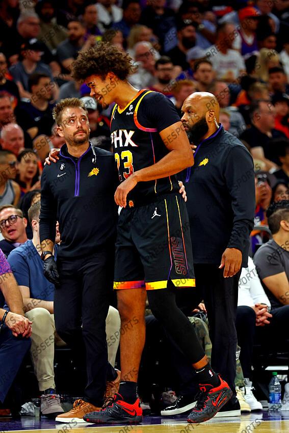 Oct 19, 2022; Phoenix, Arizona, USA; Phoenix Suns forward Cameron Johnson (23) walks to the bench during the fourth quarter against the Dallas Mavericks at Footprint Center. Mandatory Credit: Mark J. Rebilas-USA TODAY Sports NBA: Dallas Mavericks at Phoenix Suns 