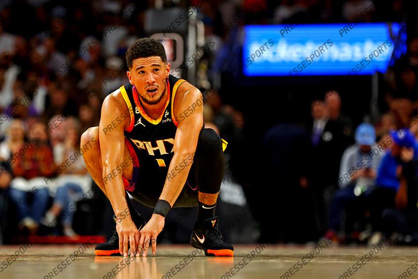 Oct 19, 2022; Phoenix, Arizona, USA; Phoenix Suns guard Devin Booker (1) reacts during the first quarter against the Dallas Mavericks at Footprint Center. Mandatory Credit: Mark J. Rebilas-USA TODAY Sports NBA: Dallas Mavericks at Phoenix Suns 