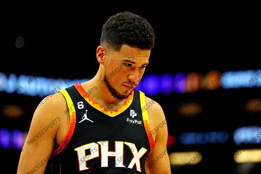 Oct 19, 2022; Phoenix, Arizona, USA; Phoenix Suns guard Devin Booker (1) looks on during the second quarter against the Dallas Mavericks at Footprint Center. Mandatory Credit: Mark J. Rebilas-USA TODAY Sports NBA: Dallas Mavericks at Phoenix Suns 