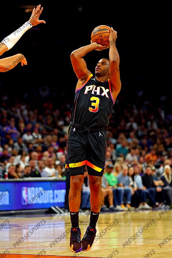 Oct 19, 2022; Phoenix, Arizona, USA; Phoenix Suns guard Chris Paul (3) shoots the ball during the second quarter against the Dallas Mavericks at Footprint Center. Mandatory Credit: Mark J. Rebilas-USA TODAY Sports NBA: Dallas Mavericks at Phoenix Suns 