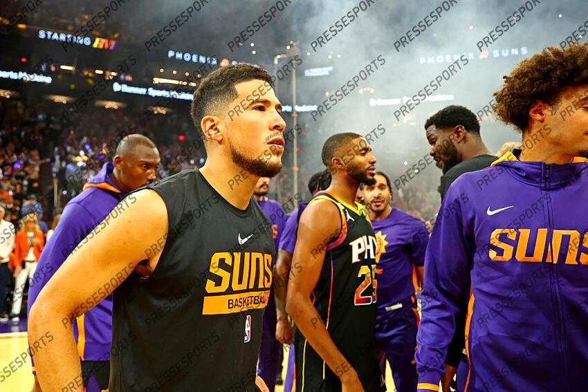 Oct 19, 2022; Phoenix, Arizona, USA; Phoenix Suns guard Devin Booker (1) before the game against the Dallas Mavericks at Footprint Center. Mandatory Credit: Mark J. Rebilas-USA TODAY Sports NBA: Dallas Mavericks at Phoenix Suns 