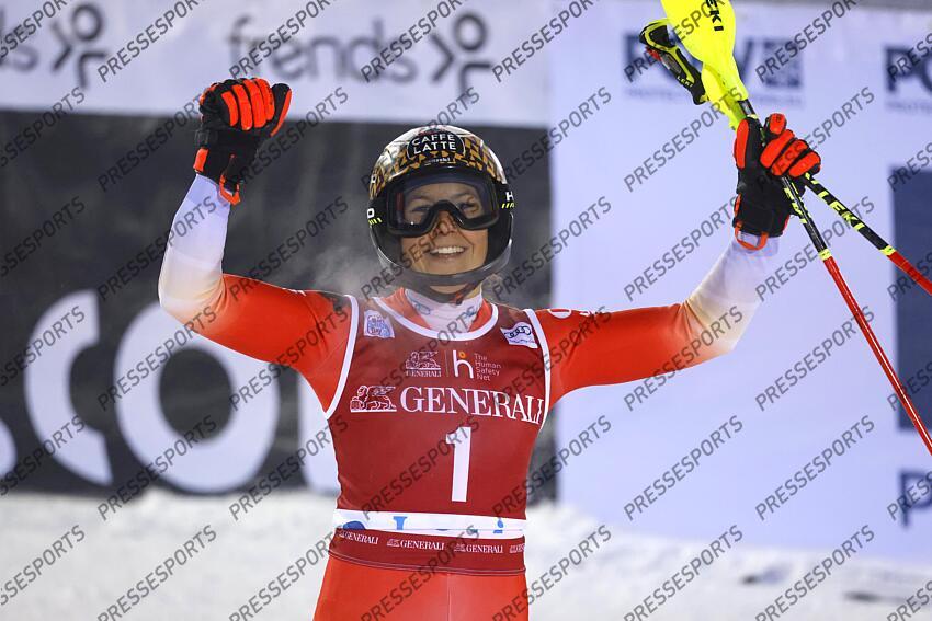 LEVI, FINLAND - NOVEMBER 20: Wendy Holdener of Team Switzerland takes 2nd place during the Audi FIS Alpine Ski World Cup Women's Slalom on November 20, 2022 in Levi, Finland. (Photo by Christophe Pallot/Agence Zoom) SLALOM LEVI 2 
