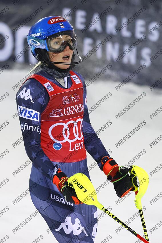 LEVI, FINLAND - NOVEMBER 20: Mikaela Shiffrin of Team United States takes 1st place during the Audi FIS Alpine Ski World Cup Women's Slalom on November 20, 2022 in Levi, Finland. (Photo by Christophe Pallot/Agence Zoom) SLALOM LEVI 2 