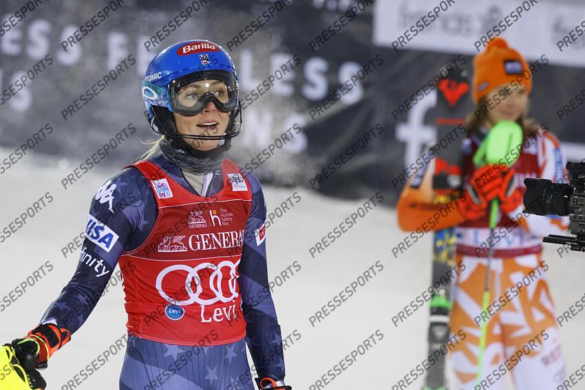 LEVI, FINLAND - NOVEMBER 20: Mikaela Shiffrin of Team United States takes 1st place during the Audi FIS Alpine Ski World Cup Women's Slalom on November 20, 2022 in Levi, Finland. (Photo by Christophe Pallot/Agence Zoom) SLALOM LEVI 2 