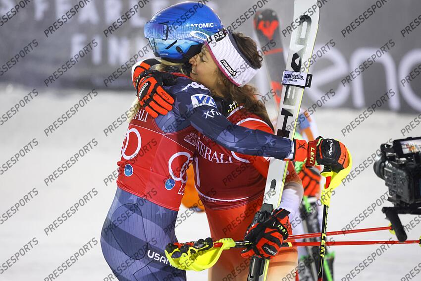 LEVI, FINLAND - NOVEMBER 20: Mikaela Shiffrin of Team United States takes 1st place, Wendy Holdener of Team Switzerland takes 2nd place during the Audi FIS Alpine Ski World Cup Women's Slalom on November 20, 2022 in Levi, Finland. (Photo by Christophe Pallot/Agence Zoom) SLALOM LEVI 2 