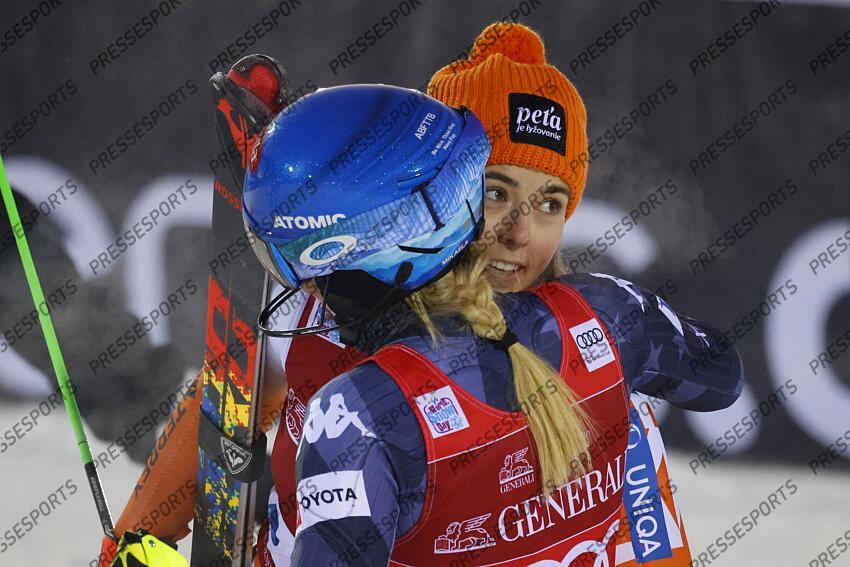 LEVI, FINLAND - NOVEMBER 20: Mikaela Shiffrin of Team United States with Petra Vlhova of Team Slovakia during the Audi FIS Alpine Ski World Cup Women's Slalom on November 20, 2022 in Levi, Finland. (Photo by Christophe Pallot/Agence Zoom) SLALOM LEVI 2 