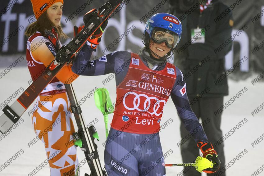 LEVI, FINLAND - NOVEMBER 20: Mikaela Shiffrin of Team United States takes 1st place during the Audi FIS Alpine Ski World Cup Women's Slalom on November 20, 2022 in Levi, Finland. (Photo by Christophe Pallot/Agence Zoom) SLALOM LEVI 2 