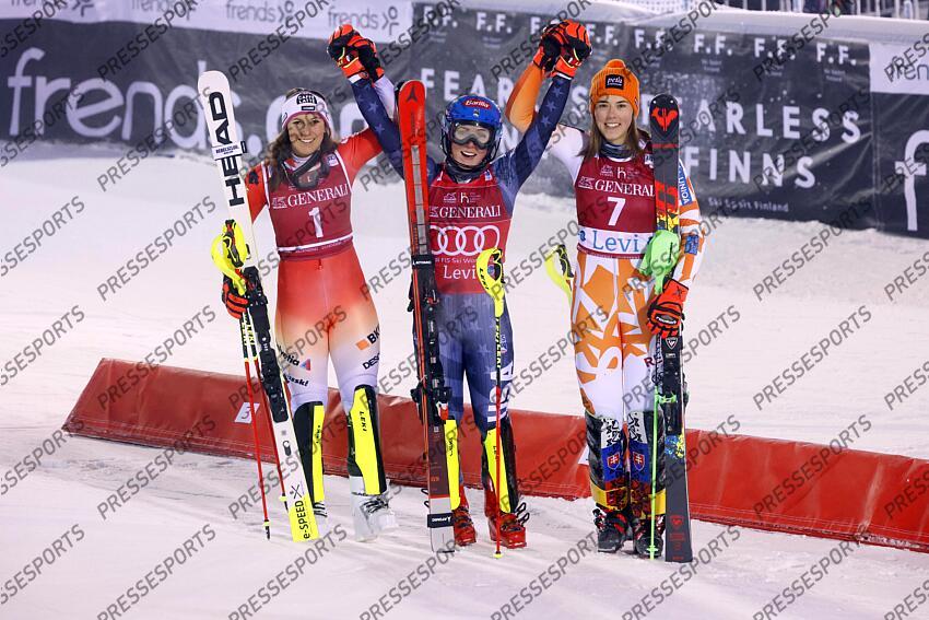 LEVI, FINLAND - NOVEMBER 20: Wendy Holdener of Team Switzerland takes 2nd place, Mikaela Shiffrin of Team United States takes 1st place, Petra Vlhova of Team Slovakia takes 3rd place during the Audi FIS Alpine Ski World Cup Women's Slalom on November 20, 2022 in Levi, Finland. (Photo by Christophe Pallot/Agence Zoom) SLALOM LEVI 2 