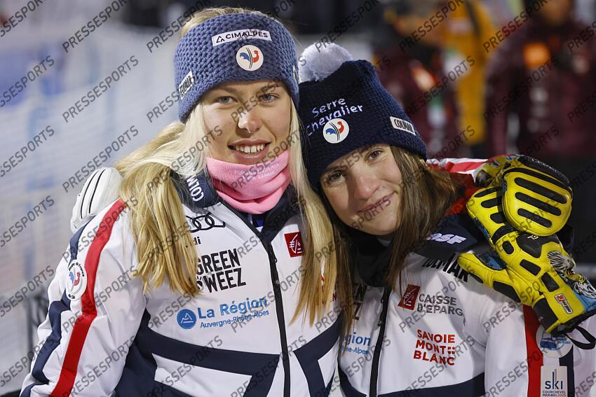 LEVI, FINLAND - NOVEMBER 20: Marie Lamure of Team France, Chiara Pogneaux of Team France during the Audi FIS Alpine Ski World Cup Women's Slalom on November 20, 2022 in Levi, Finland. (Photo by Christophe Pallot/Agence Zoom) SLALOM LEVI 2 