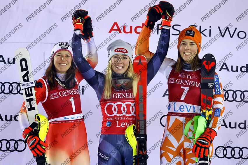 LEVI, FINLAND - NOVEMBER 20: Mikaela Shiffrin of Team United States takes 1st place, Wendy Holdener of Team Switzerland takes 2nd place, Petra Vlhova of Team Slovakia takes 3rd place during the Audi FIS Alpine Ski World Cup Women's Slalom on November 20, 2022 in Levi, Finland. (Photo by Christophe Pallot/Agence Zoom) SLALOM LEVI 2 