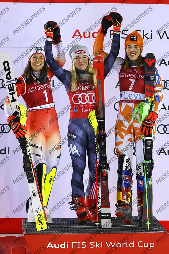 LEVI, FINLAND - NOVEMBER 20: Mikaela Shiffrin of Team United States takes 1st place, Wendy Holdener of Team Switzerland takes 2nd place, Petra Vlhova of Team Slovakia takes 3rd place during the Audi FIS Alpine Ski World Cup Women's Slalom on November 20, 2022 in Levi, Finland. (Photo by Christophe Pallot/Agence Zoom) SLALOM LEVI 2 