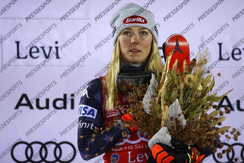LEVI, FINLAND - NOVEMBER 20: Mikaela Shiffrin of Team United States takes 1st place during the Audi FIS Alpine Ski World Cup Women's Slalom on November 20, 2022 in Levi, Finland. (Photo by Christophe Pallot/Agence Zoom) SLALOM LEVI 2 
