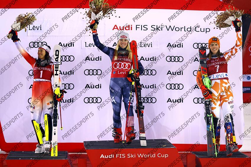 LEVI, FINLAND - NOVEMBER 20: Mikaela Shiffrin of Team United States takes 1st place, Wendy Holdener of Team Switzerland takes 2nd place, Petra Vlhova of Team Slovakia takes 3rd place during the Audi FIS Alpine Ski World Cup Women's Slalom on November 20, 2022 in Levi, Finland. (Photo by Christophe Pallot/Agence Zoom) SLALOM LEVI 2 