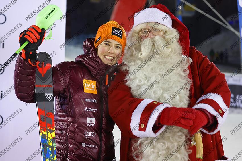 LEVI, FINLAND - NOVEMBER 20: Petra Vlhova of Team Slovakia celebrates, Santa Claus celebrates during the Audi FIS Alpine Ski World Cup Women's Slalom on November 20, 2022 in Levi, Finland. (Photo by Christophe Pallot/Agence Zoom) SLALOM LEVI 2 