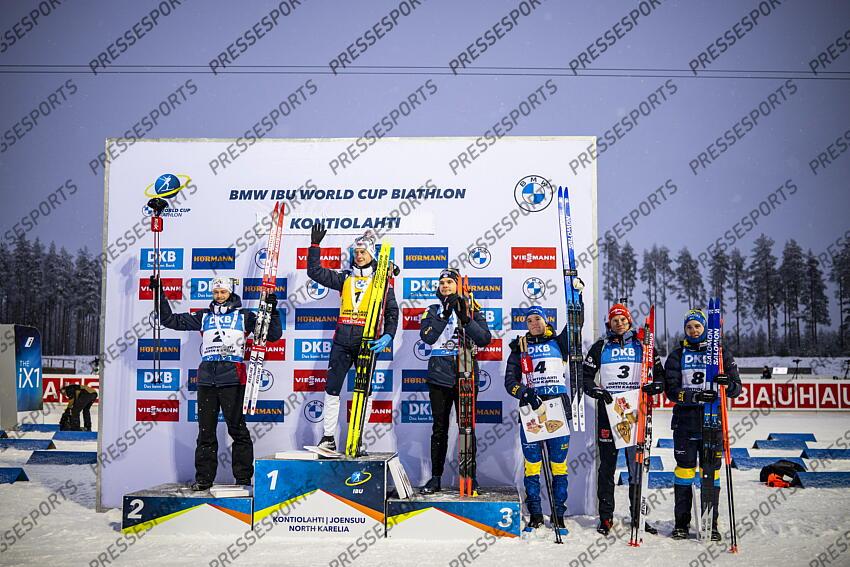 KONTIOLAHTI, FINLAND - DECEMBER 04: Sturla Holm Laegreid of Team Norway takes 2nd place, Johannes Thingnes Boe of Team Norway takes 1st place, Emilien Jacquelin of Team France takes 3rd place during the men and women pursuit IBU Biathlon World Cups on december 04, 2022 in Kontiolahti, Finland. (Photo by Kevin Voigt/Agence Zoom) POURSUITE HOMMES 