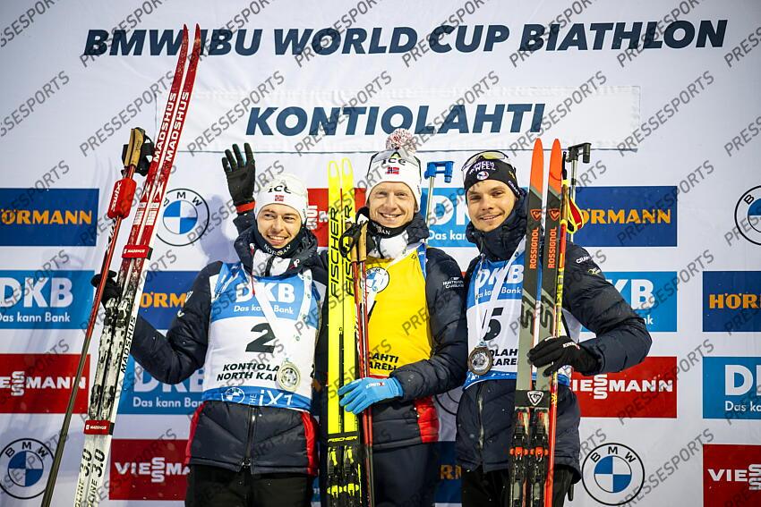 KONTIOLAHTI, FINLAND - DECEMBER 04: Sturla Holm Laegreid of Team Norway takes 2nd place, Johannes Thingnes Boe of Team Norway takes 1st place, Emilien Jacquelin of Team France takes 3rd place during the men and women pursuit IBU Biathlon World Cups on december 04, 2022 in Kontiolahti, Finland. (Photo by Kevin Voigt/Agence Zoom) POURSUITE HOMMES 