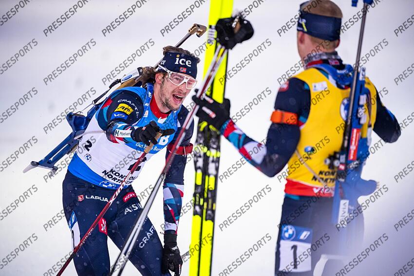 KONTIOLAHTI, FINLAND - DECEMBER 04: Sturla Holm Laegreid of Team Norway takes 2nd place during the men and women pursuit IBU Biathlon World Cups on december 04, 2022 in Kontiolahti, Finland. (Photo by Kevin Voigt/Agence Zoom) POURSUITE HOMMES 