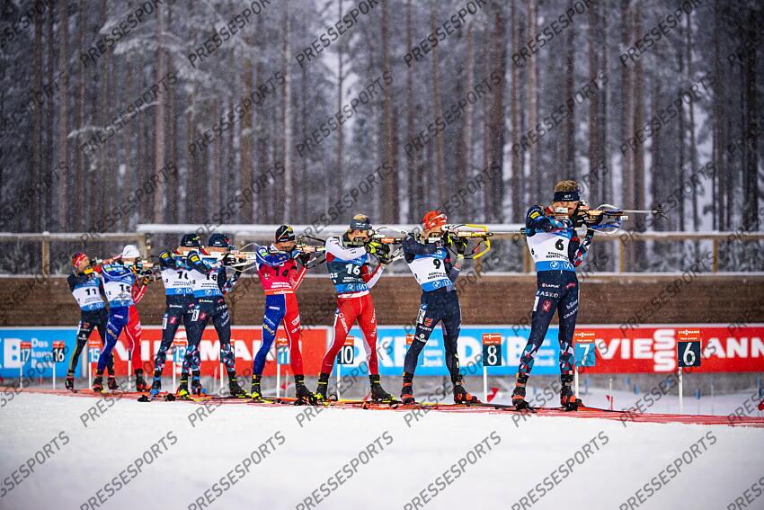 KONTIOLAHTI, FINLAND - DECEMBER 04: Sturla Holm Laegreid of Team Norway takes 2nd place, Johannes Thingnes Boe of Team Norway takes 1st place, Emilien Jacquelin of Team France takes 3rd place during the men and women pursuit IBU Biathlon World Cups on december 04, 2022 in Kontiolahti, Finland. (Photo by Kevin Voigt/Agence Zoom) POURSUITE HOMMES 