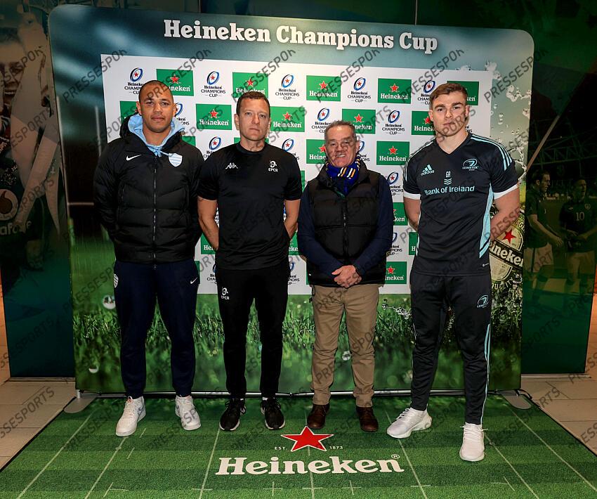 Heineken Champions Cup Round 4 Pool A, Aviva Stadium, Dublin 21/1/2023 Leinster vs Racing 92 Racing 92's Gaël Fickou, Referee Matthew Carley, Alan Ryan and Leinster's Garry Ringrose Mandatory Credit ©INPHO/Dan Sheridan LEINSTER-RACING 92 (36-10) 