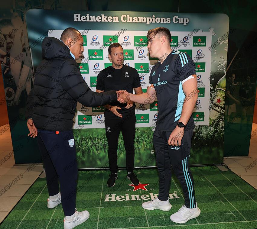 Heineken Champions Cup Round 4 Pool A, Aviva Stadium, Dublin 21/1/2023 Leinster vs Racing 92 Eugen Spiridonov, Racing 92's Gaël Fickou, Referee Matthew Carley and Leinster's Garry Ringrose Mandatory Credit ©INPHO/Dan Sheridan LEINSTER-RACING 92 (36-10) 