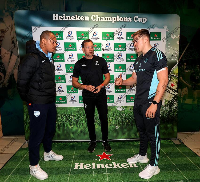 Heineken Champions Cup Round 4 Pool A, Aviva Stadium, Dublin 21/1/2023 Leinster vs Racing 92 Racing 92's Gaël Fickou, Referee Matthew Carley and Leinster's Garry Ringrose Mandatory Credit ©INPHO/Dan Sheridan LEINSTER-RACING 92 (36-10) 