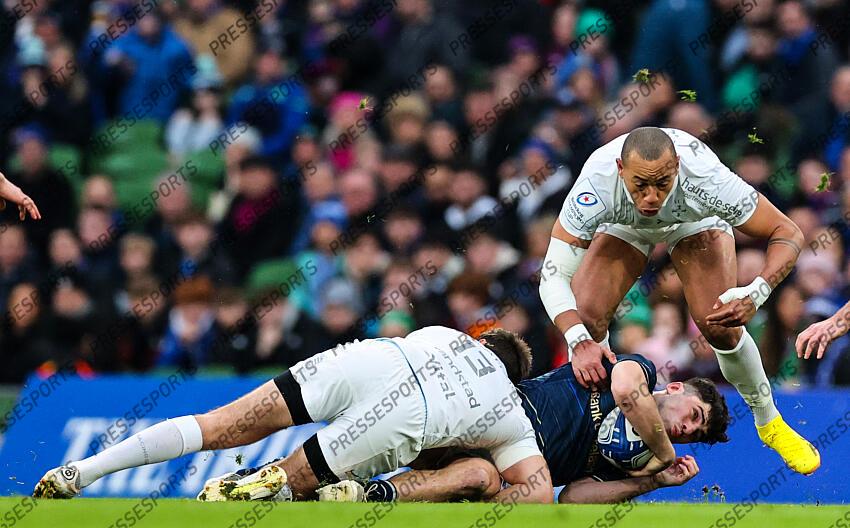 Heineken Champions Cup Round 4 Pool A, Aviva Stadium, Dublin 21/1/2023 Leinster vs Racing 92 Leinster’s Jimmy O’Brien is tackled by Racing 92’s Olivier Klemenczak Mandatory Credit ©INPHO/Billy Stickland LEINSTER-RACING 92 (36-10) 