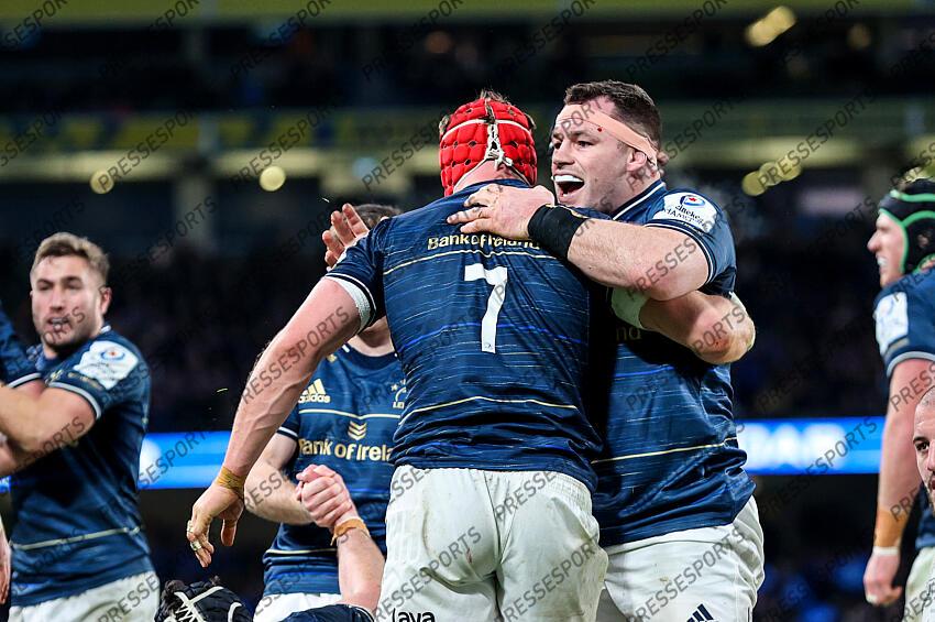 Heineken Champions Cup Round 4 Pool A, Aviva Stadium, Dublin 21/1/2023 Leinster vs Racing 92 Ireland's Cian Healy and Leinster's Josh van der Flier Mandatory Credit ©INPHO/Billy Stickland LEINSTER-RACING 92 (36-10) 
