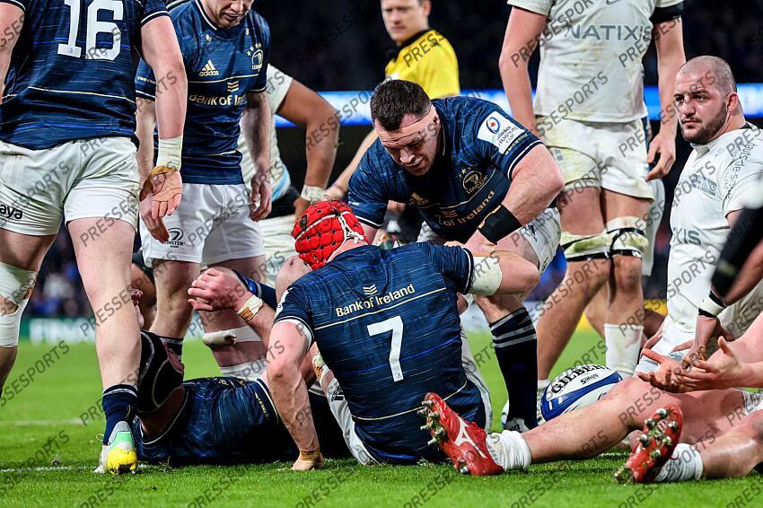Heineken Champions Cup Round 4 Pool A, Aviva Stadium, Dublin 21/1/2023 Leinster vs Racing 92 Ireland's Cian Healy and Leinster's Josh van der Flier Mandatory Credit ©INPHO/Billy Stickland LEINSTER-RACING 92 (36-10) 
