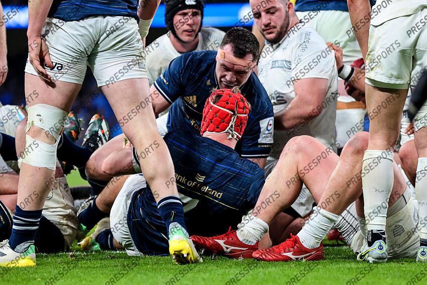 Heineken Champions Cup Round 4 Pool A, Aviva Stadium, Dublin 21/1/2023 Leinster vs Racing 92 Ireland's Cian Healy and Leinster's Josh van der Flier Mandatory Credit ©INPHO/Billy Stickland LEINSTER-RACING 92 (36-10) 
