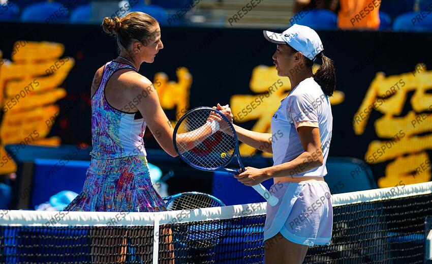 Shuai Zhang of China & Karolina Pliskova of the Czech Republic in action during the fourth round of the 2023 Australian Open Grand Slam tennis tournament 2023 Australian Open - Day 8 