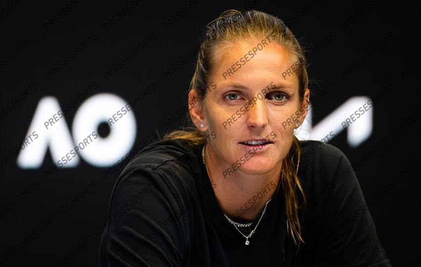 Karolina Pliskova of the Czech Republic talks to the media after the fourth round of the 2023 Australian Open Grand Slam tennis tournament 2023 Australian Open - Day 8 