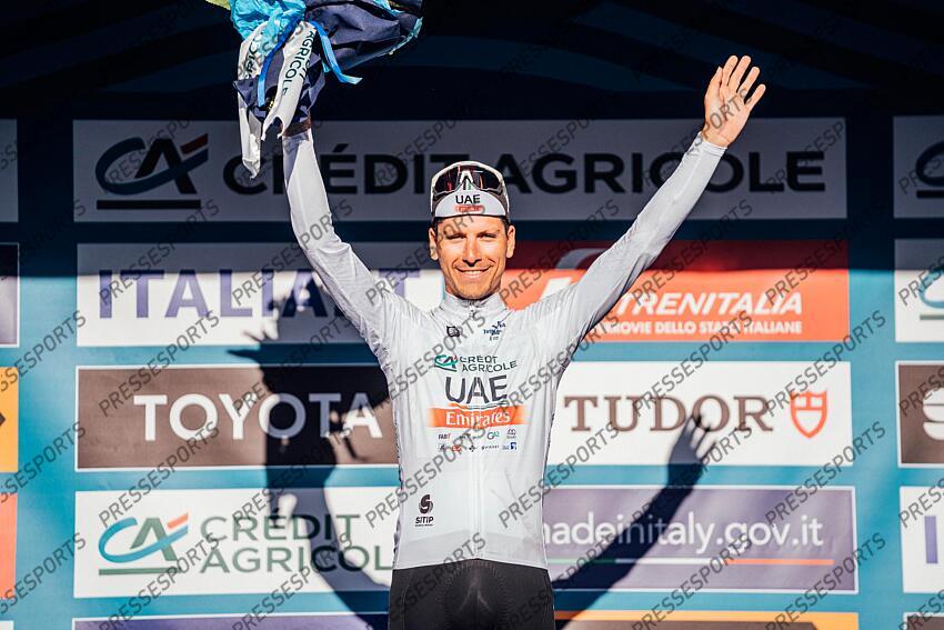 Picture by Zac Williams/SWpix.com- 12/03/2023 - Cycling - 2023 Tirreno Adriatico Stage 7 - San Benedetto Del Tronto, Italy - Joao Almedia, UAE Team Emirates, wins the best young rider classification. ETAPE 07 SAN BENEDETTO DEL TRONTO/SAN BENEDETTO DEL TRONTO 