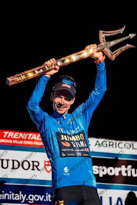 Picture by Zac Williams/SWpix.com- 12/03/2023 - Cycling - 2023 Tirreno Adriatico Stage 7 - San Benedetto Del Tronto, Italy - Primoz Roglic, Jumbo Visma, wins the 2023 Tirreno Adriatico. - Winners Trophy - Trident of Poseidon, Neptunes Fork, Trofeo Maestro di Mare ETAPE 07 SAN BENEDETTO DEL TRONTO/SAN BENEDETTO DEL TRONTO 