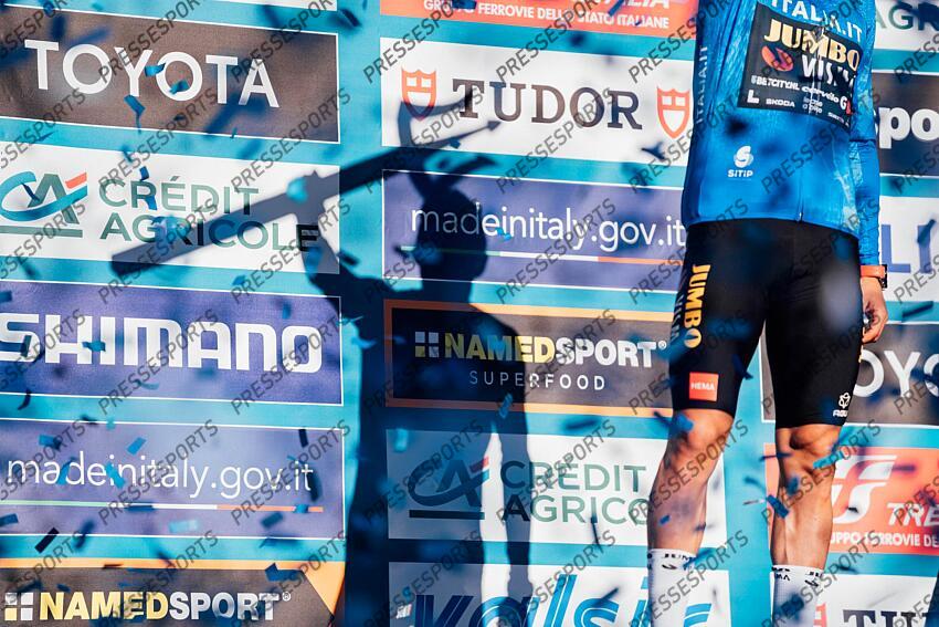 Picture by Zac Williams/SWpix.com- 12/03/2023 - Cycling - 2023 Tirreno Adriatico Stage 7 - San Benedetto Del Tronto, Italy - Primoz Roglic, Jumbo Visma, wins the 2023 Tirreno Adriatico. - Winners Trophy - Trident of Poseidon, Neptunes Fork, Trofeo Maestro di Mare ETAPE 07 SAN BENEDETTO DEL TRONTO/SAN BENEDETTO DEL TRONTO 