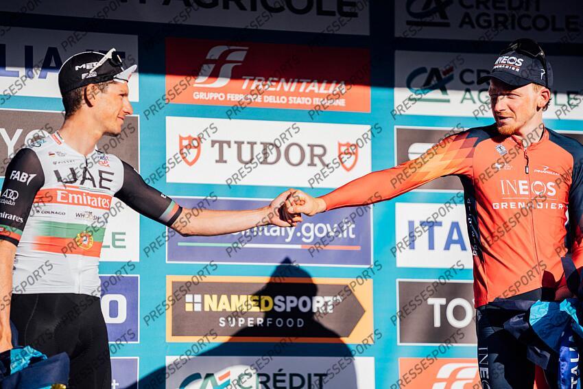 Picture by Zac Williams/SWpix.com- 12/03/2023 - Cycling - 2023 Tirreno Adriatico Stage 7 - San Benedetto Del Tronto, Italy - Joao Almedia, UAE Team Emirates, Tao Geoghegan Hart, Ineos Grenadiers. ETAPE 07 SAN BENEDETTO DEL TRONTO/SAN BENEDETTO DEL TRONTO 