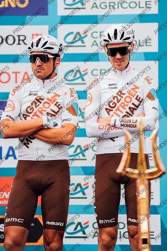 Picture by Zac Williams/SWpix.com- 12/03/2023 - Cycling - 2023 Tirreno Adriatico Stage 7 - San Benedetto Del Tronto, Italy - Greg Van Avermaet, Ben O'Connor, AG2R Citroen. - Winners Trophy - Trident of Poseidon, Neptunes Fork, Trofeo Maestro di Mare ETAPE 07 SAN BENEDETTO DEL TRONTO/SAN BENEDETTO DEL TRONTO 